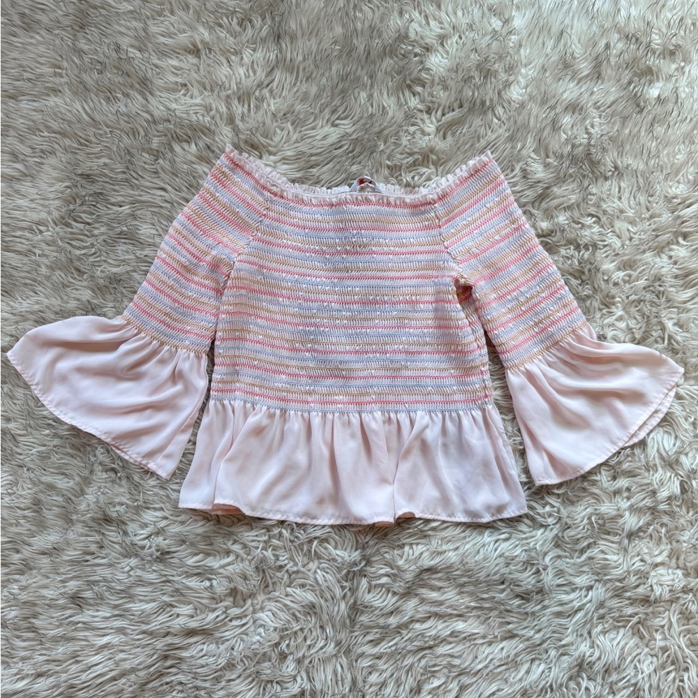 Candie's Pink Smocked Ruffle Top with Multicolor Stitching